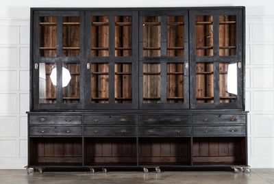 Monumental 19thC English Ebonised Pine Housekeepers / Haberdashery Cabinet