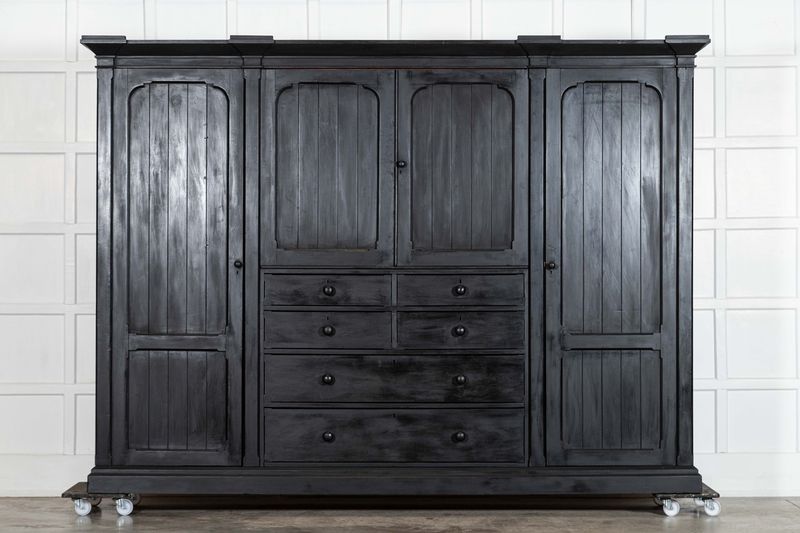 Monumental Ebonised 19thC English Pine Wardrobe