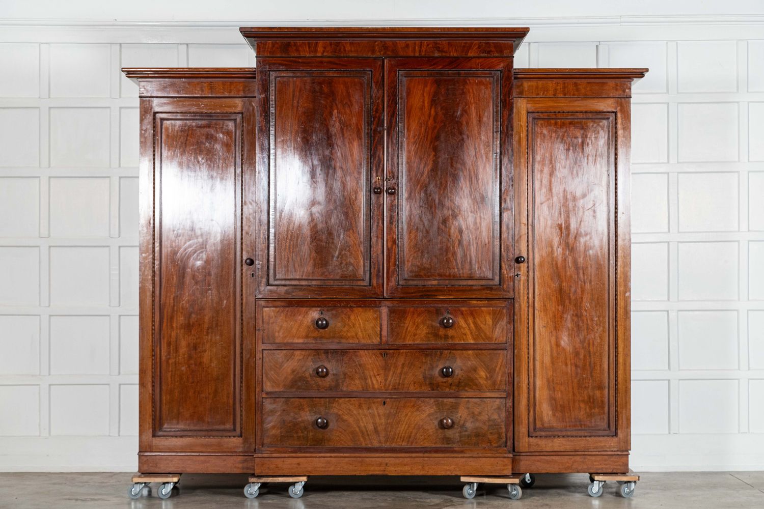 Monumental 19thC Mahogany Breakfront Wardrobe