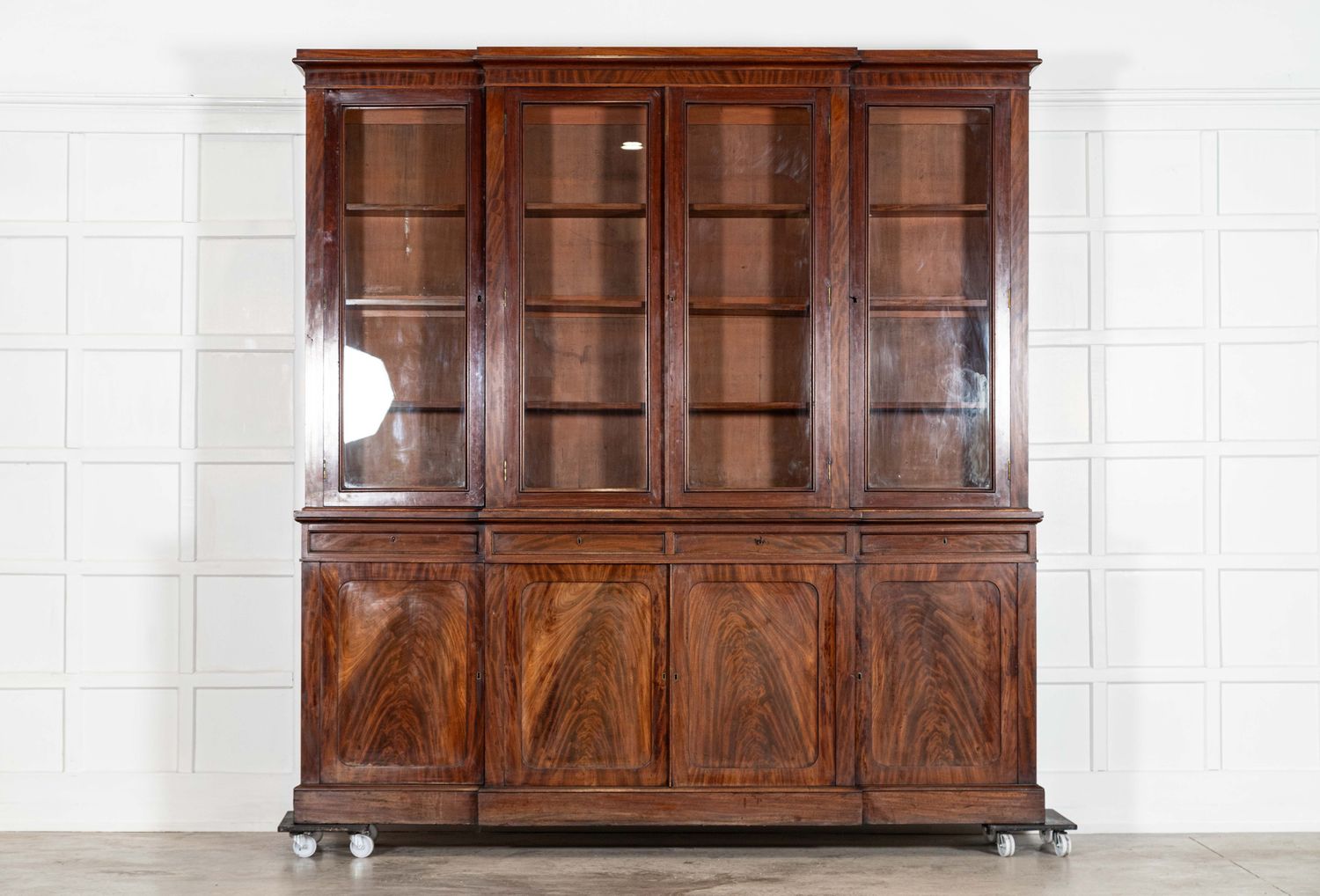 Monumental English Mahogany Breakfront Glazed Bookcase