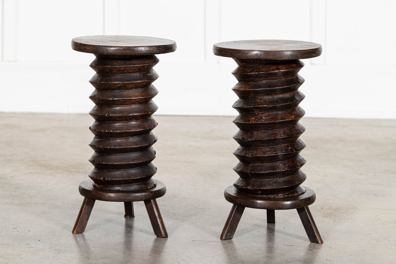 Pair French Elm Corkscrew Side Tables/Plant/Sculpture Stands