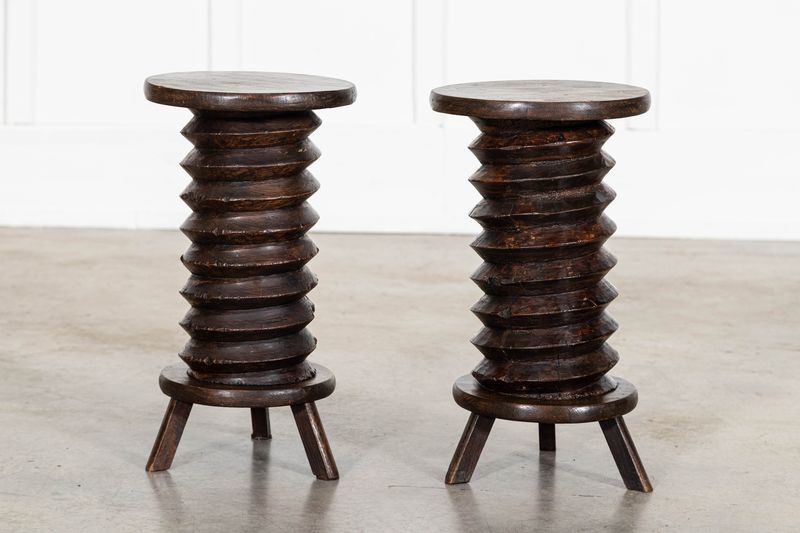Pair French Elm Corkscrew Side Tables/Plant/Sculpture Stands