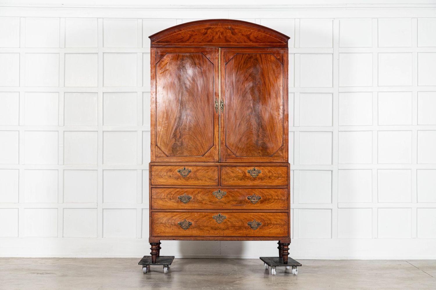 Georgian English Arched Mahogany Inlaid Linen Press