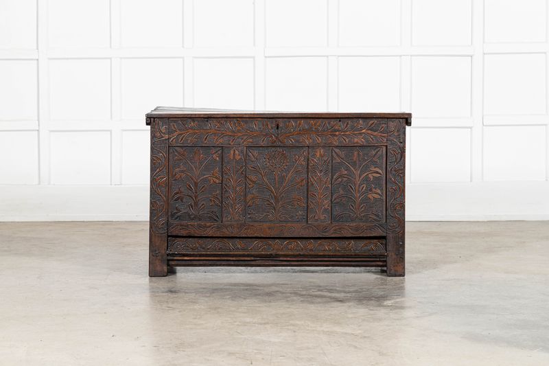 17thC English Carved Oak Mule Chest 17thC English Carved Oak Mule Chest