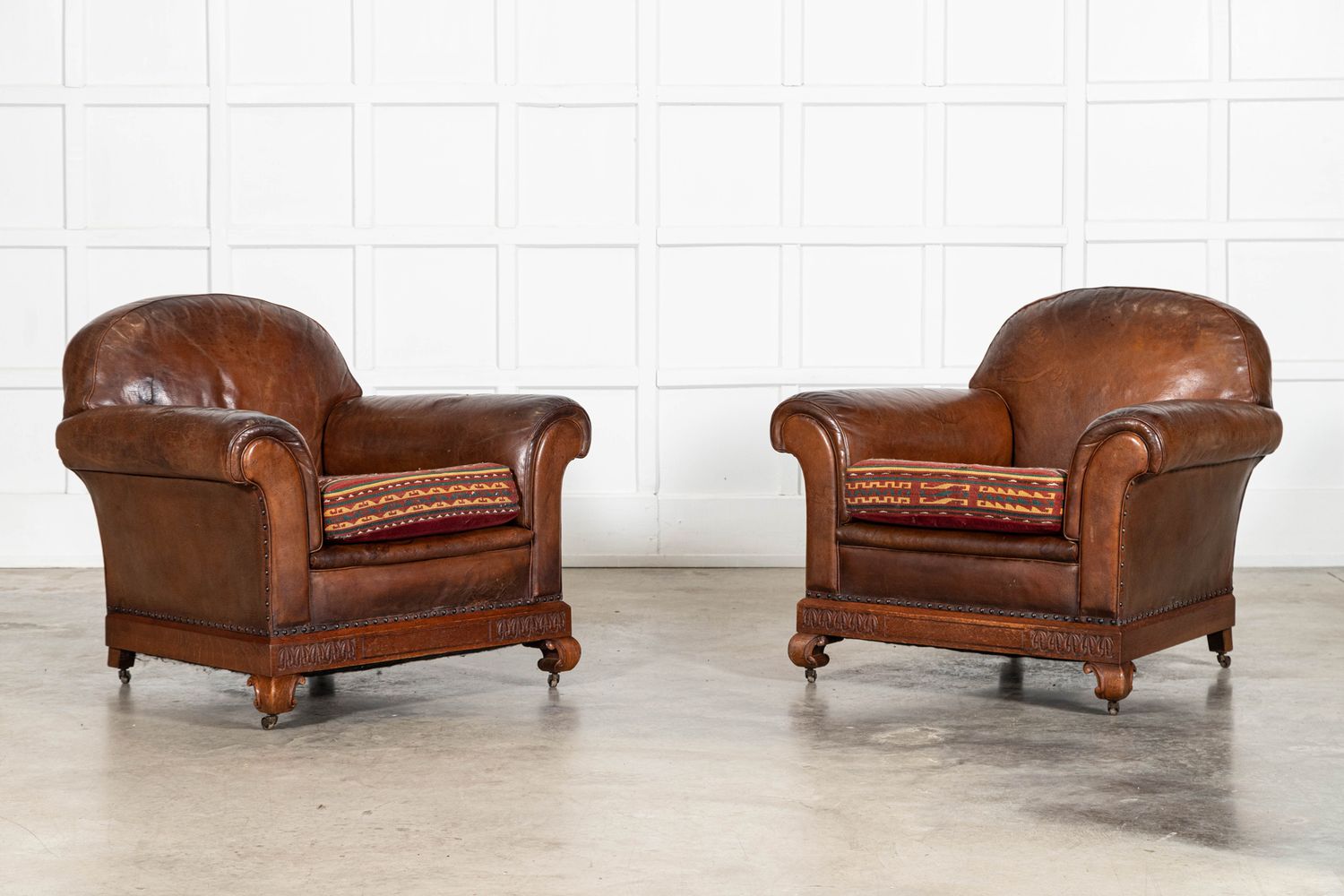 Pair English Tan Leather Country House Sprung Armchairs