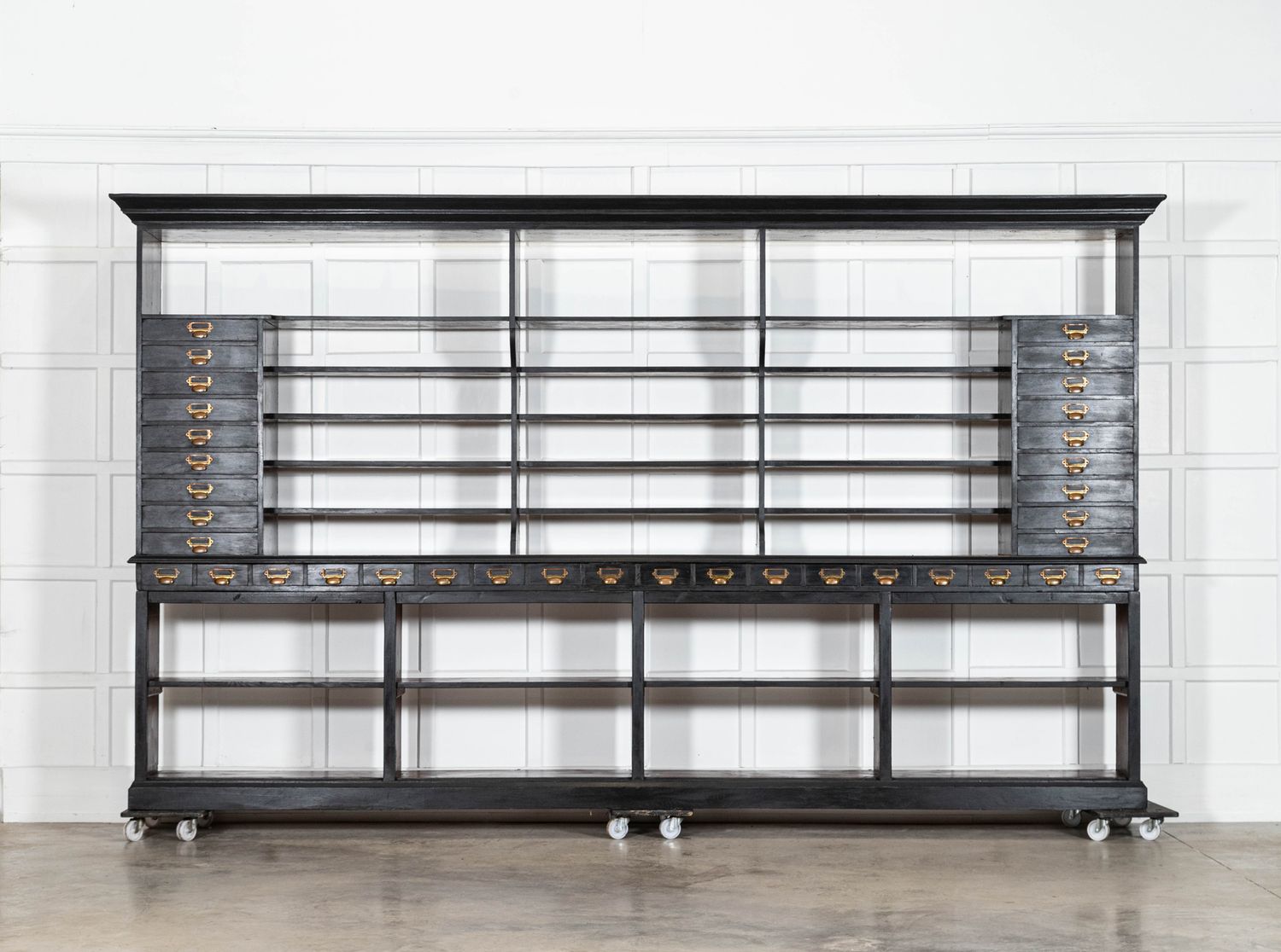 Monumental English Ebonised Oak Shop Display Cabinet