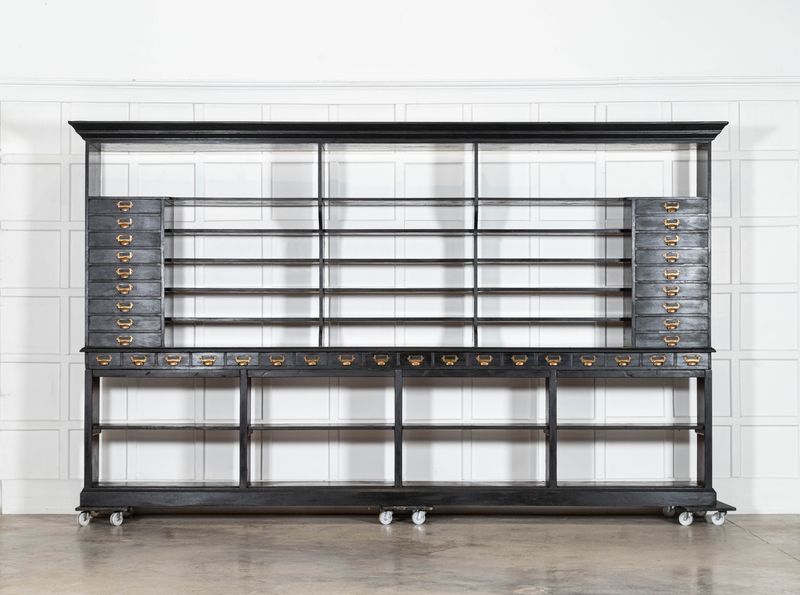 Monumental English Ebonised Oak Shop Display Cabinet Monumental English Ebonised Oak Shop Display Cabinet