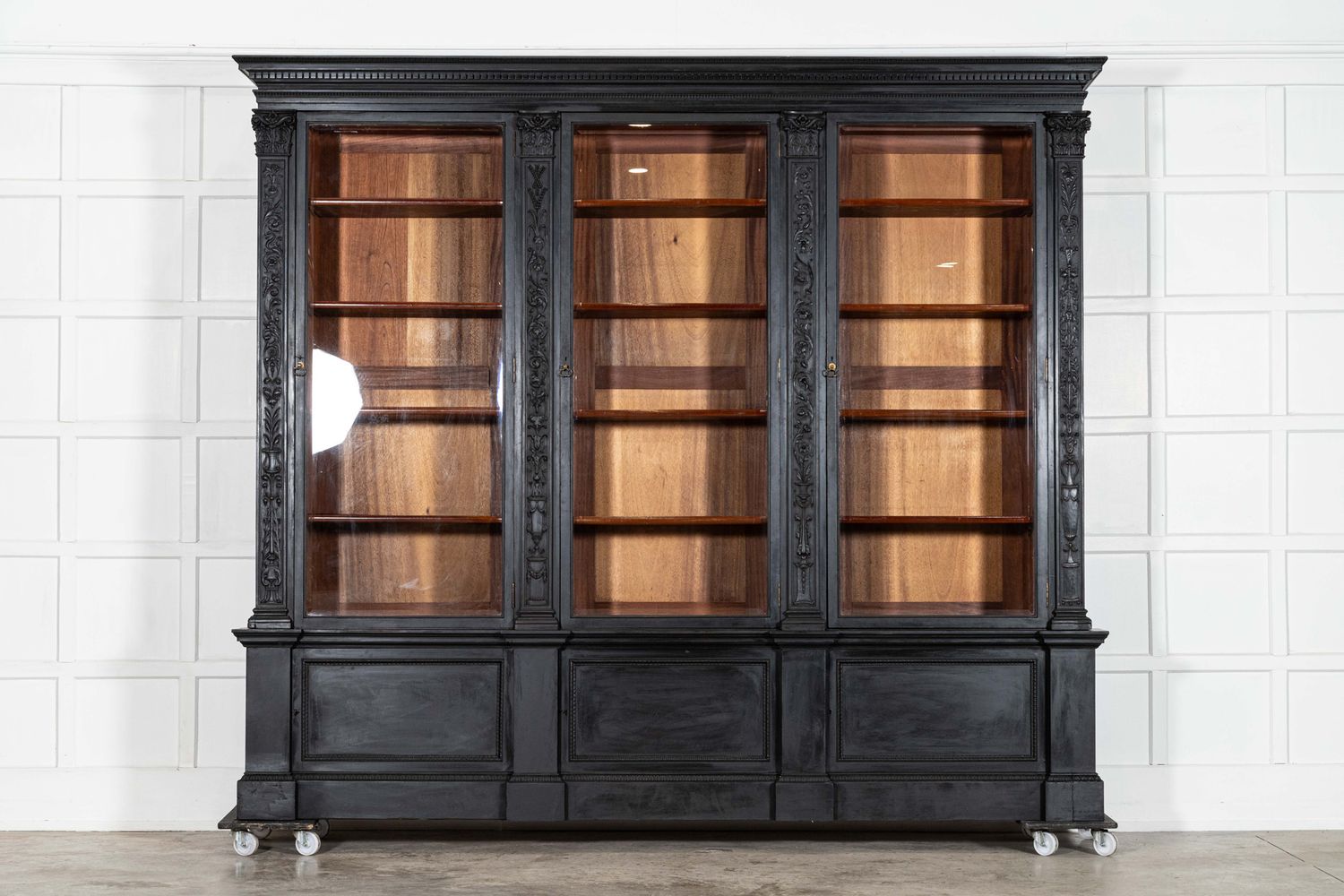 Monumental 19thC Ebonised English Mahogany Breakfront Library Bookcase