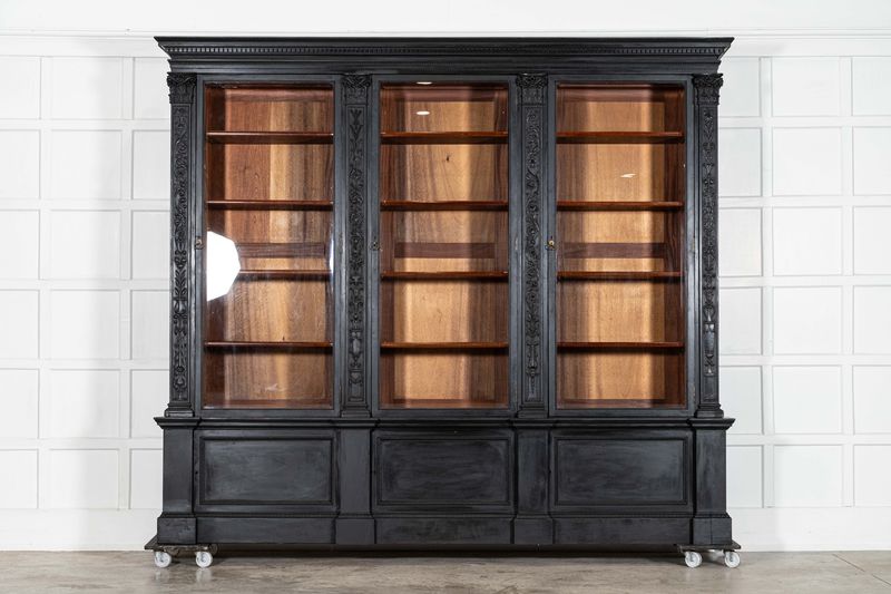 Monumental 19thC Ebonised English Mahogany Breakfront Library Bookcase Monumental 19thC Ebonised English Mahogany Breakfront Library Bookcase