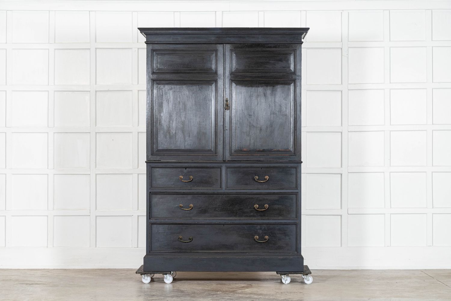 19thC English Oak Painted Linen Press