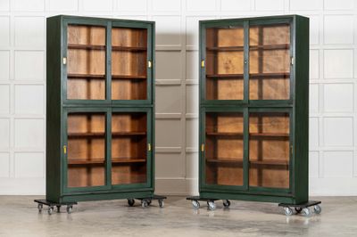 Pair English Painted Mahogany Glazed Bookcase Display Cabinets
