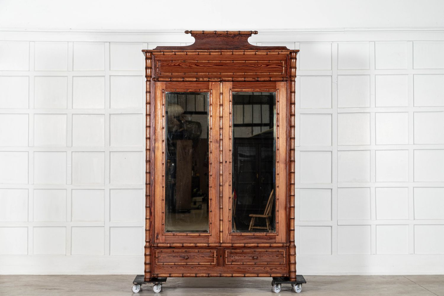 19thC Large French Pine Faux Bamboo Wardrobe