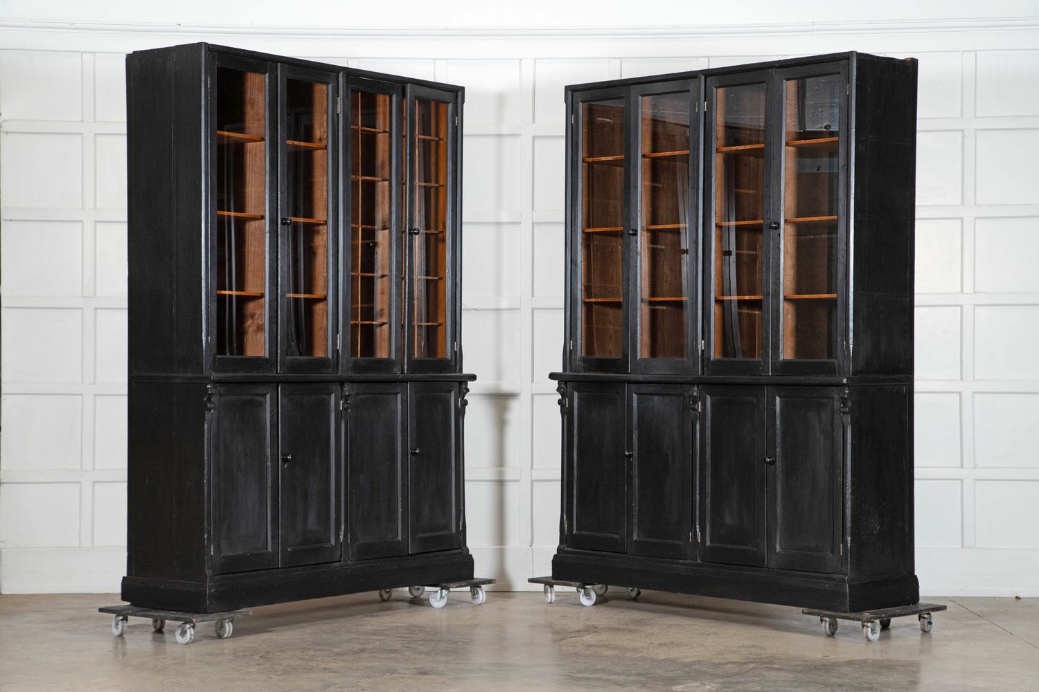 Pair 19thC English Ebonised Pine Glazed Housekeepers Cupboards