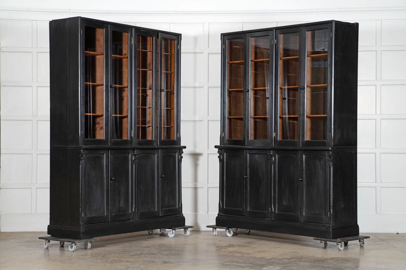 Pair 19thC English Ebonised Pine Glazed Housekeepers Cupboards Pair 19thC English Ebonised Pine Glazed Housekeepers Cupboards