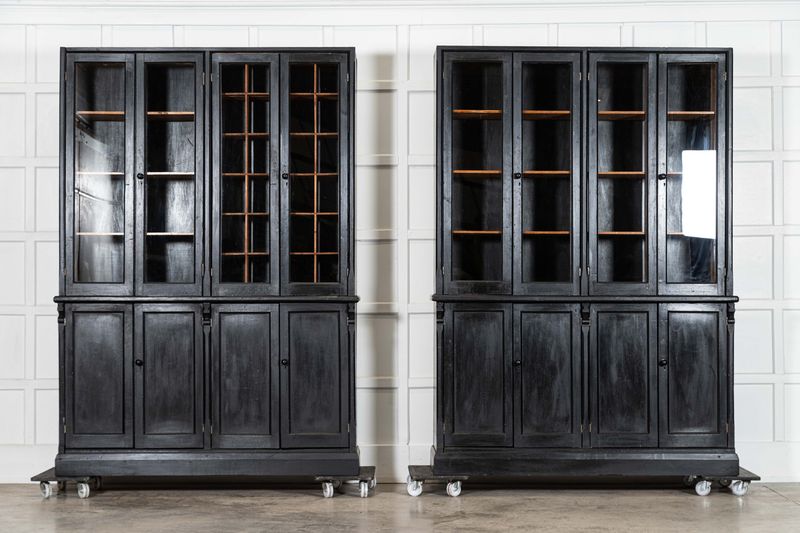 Pair 19thC English Ebonised Pine Glazed Housekeepers Cupboards Pair 19thC English Ebonised Pine Glazed Housekeepers Cupboards