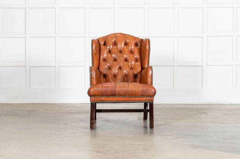 English Tan Leather Wingback Armchair