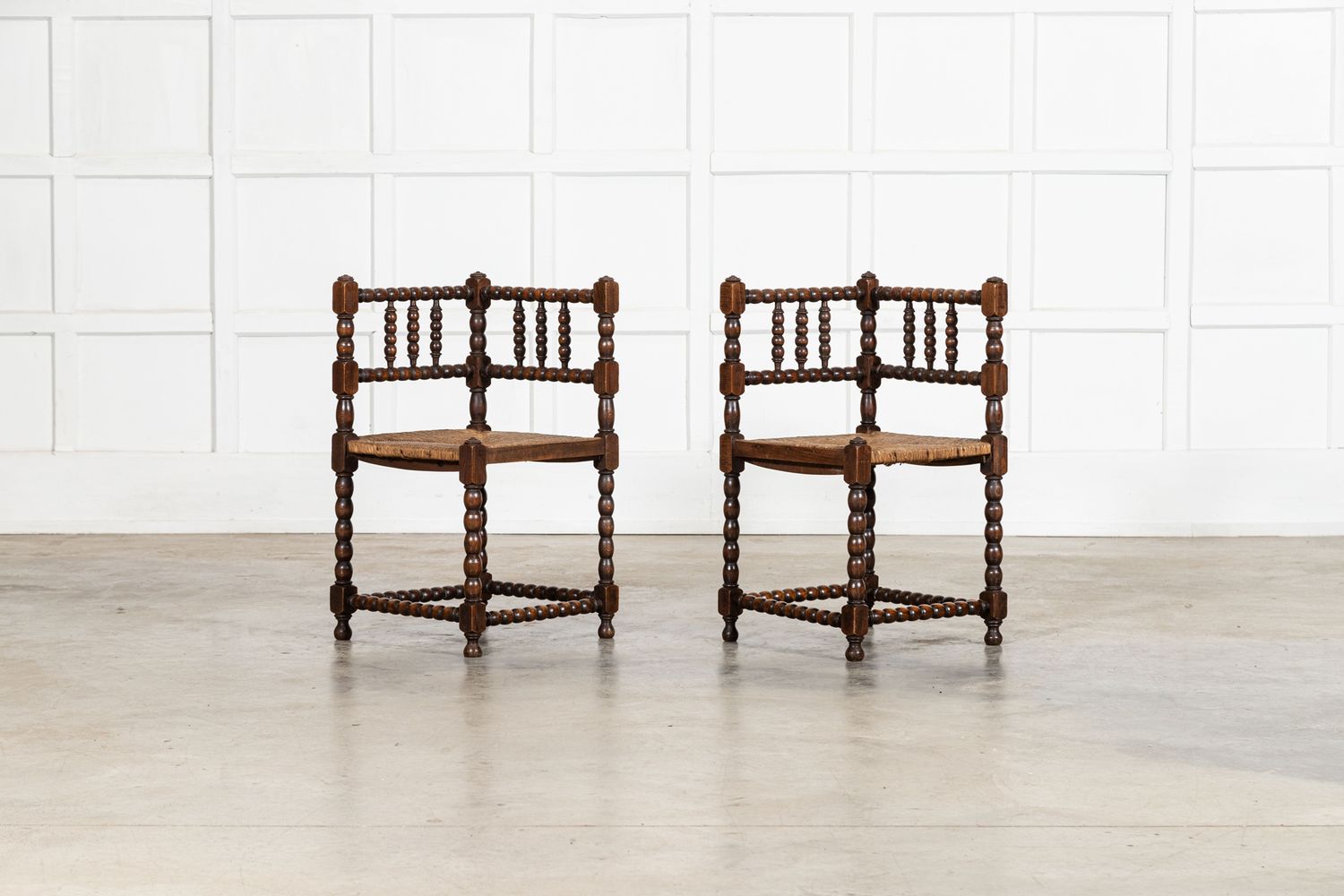 Pair English 19thC Beech Bobbin Corner Chairs Pair English 19thC Beech Bobbin Corner Chairs