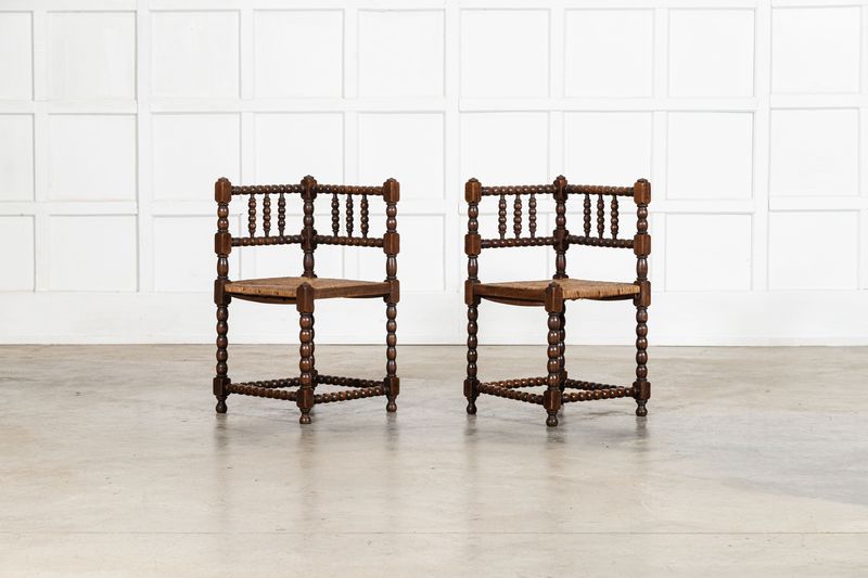 Pair English 19thC Beech Bobbin Corner Chairs