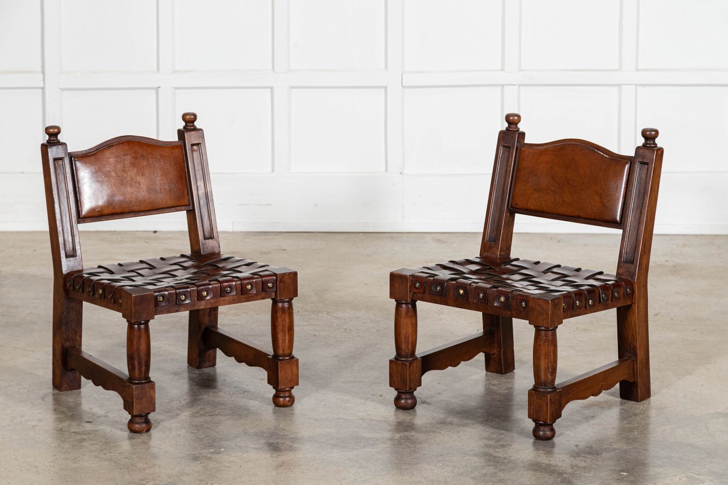 Pair Spanish Mid 20thC Brutalist Walnut Chairs Pair Spanish Mid 20thC Brutalist Walnut Chairs