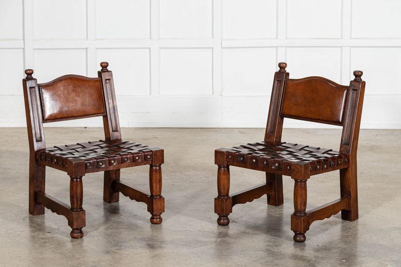 Pair Spanish Mid 20thC Brutalist Walnut Chairs