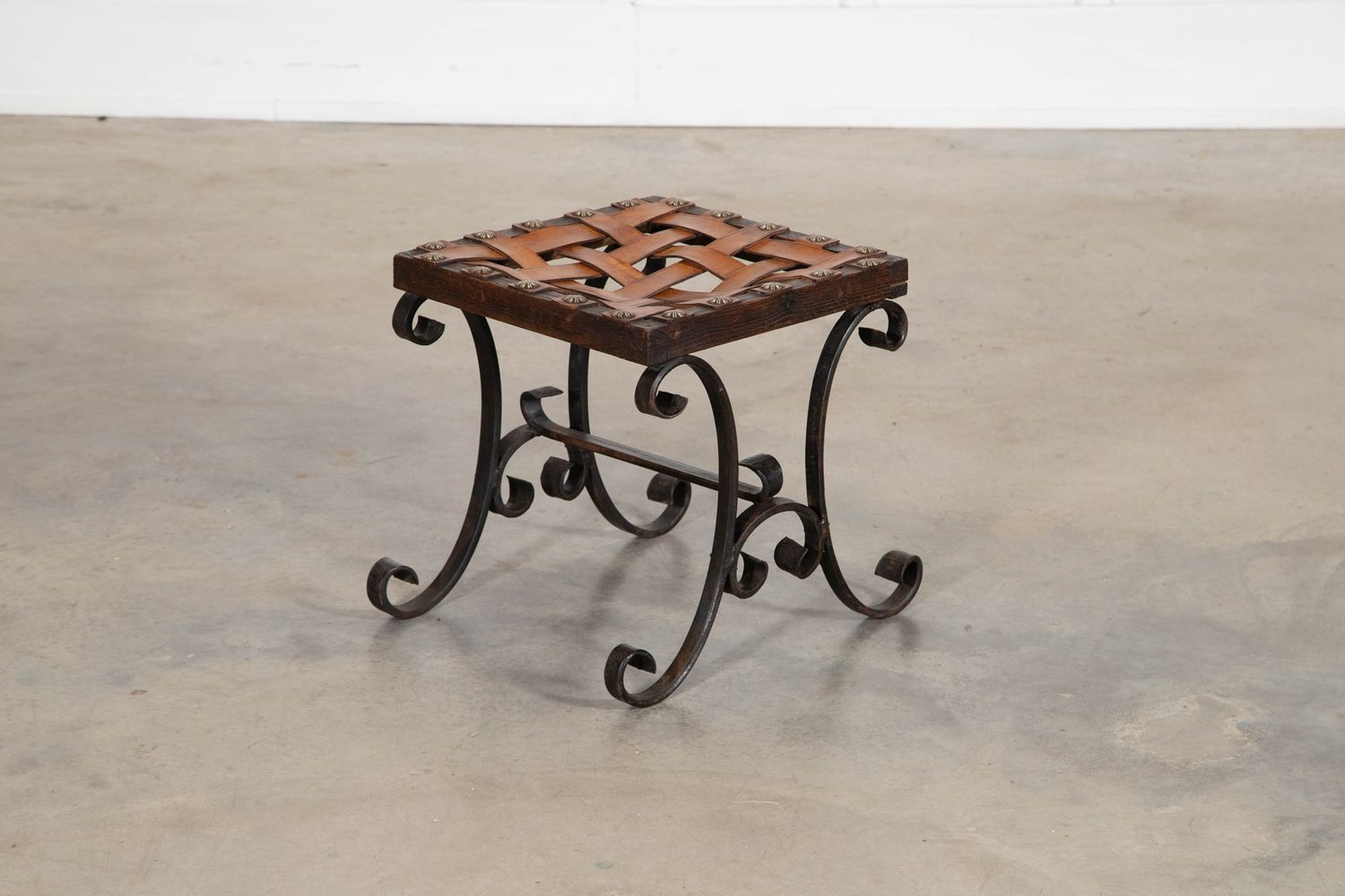 Spanish Mid 20thC Brutalist Wrought Iron & Leather Stool Spanish Mid 20thC Brutalist Wrought Iron & Leather Stool