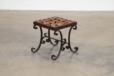 Spanish Mid 20thC Brutalist Wrought Iron & Leather Stool