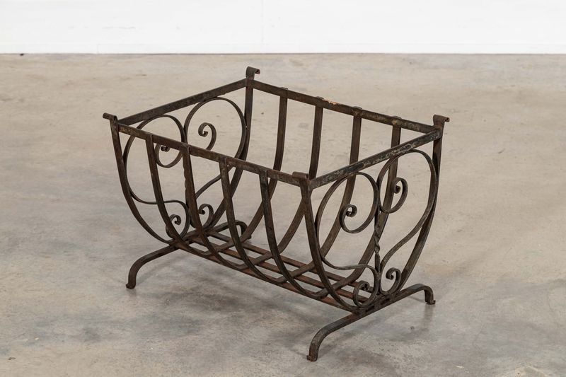 English Mid 20thC Brutalist Wrought Iron Log Basket