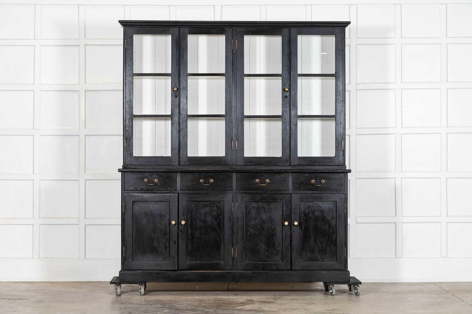 Large 19thC English Ebonised Pine Glazed Dresser