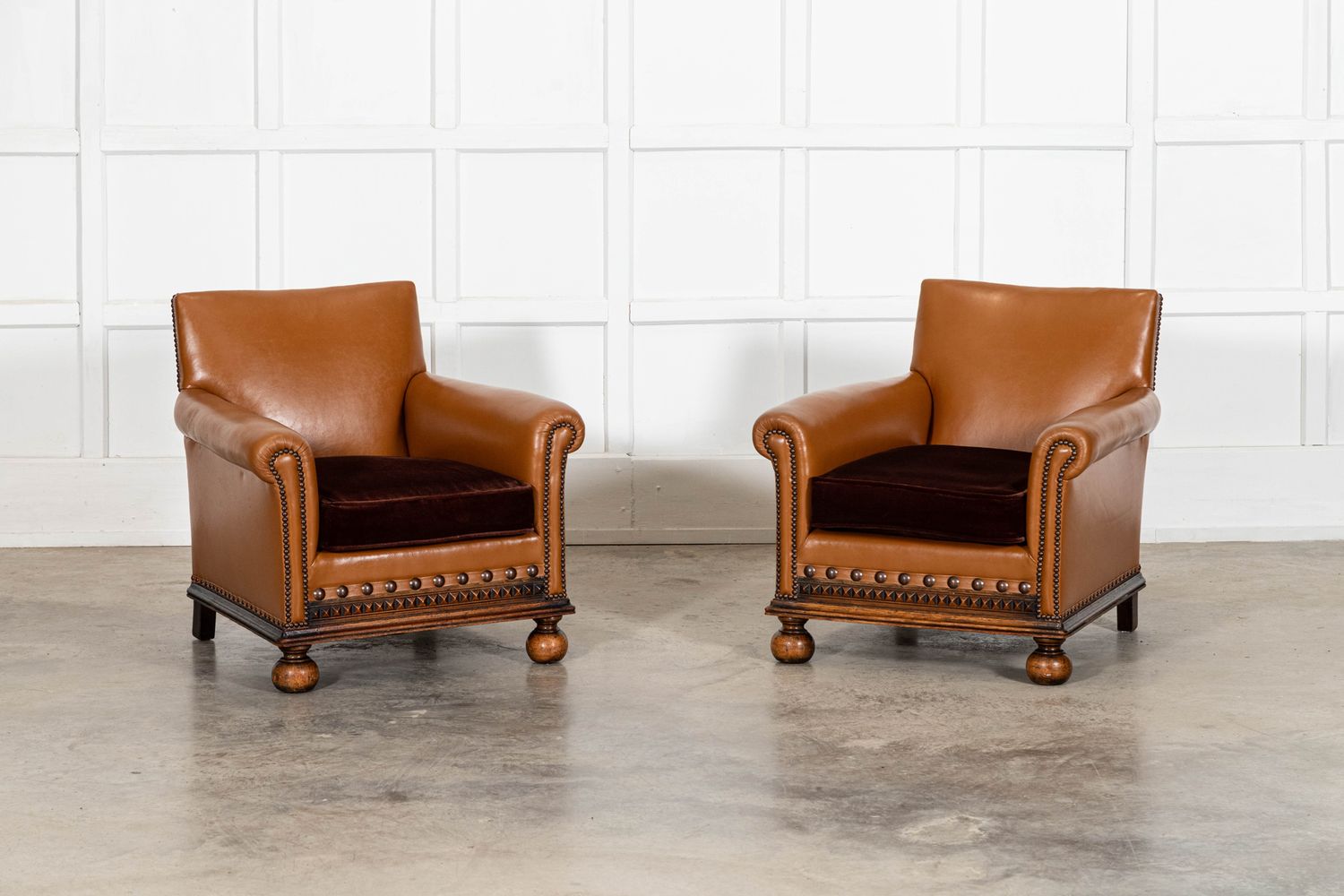 Pair English Oak Club Armchairs