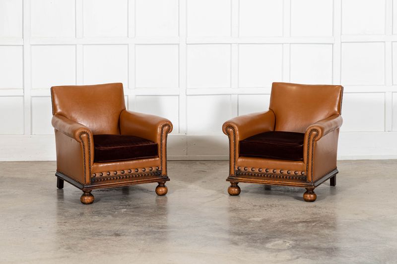 Pair English Oak Club Armchairs