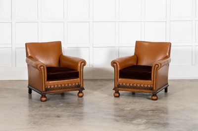 Pair English Oak Club Armchairs