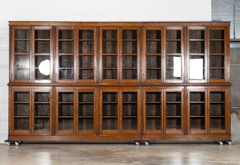 Monumental 19thC Oak Glazed Library Bookcase