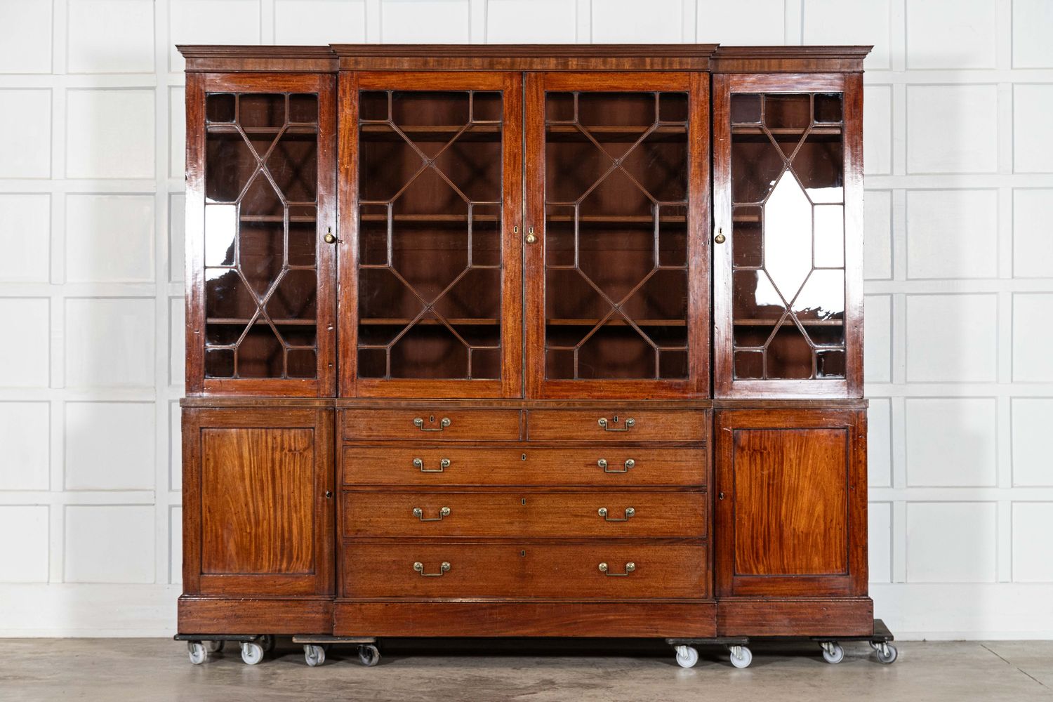 Monumental English Mahogany Breakfront Inlaid Glazed Bookcase