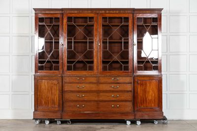 Monumental English Mahogany Breakfront Inlaid Glazed Bookcase Monumental English Mahogany Breakfront Inlaid Glazed Bookcase