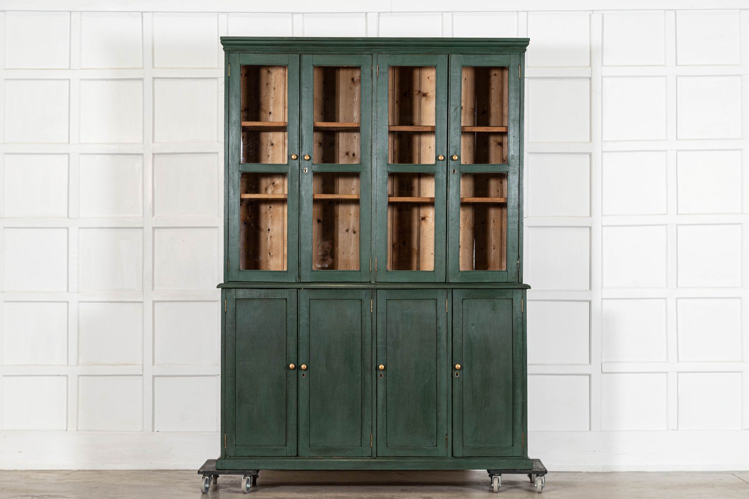 Large 19thC English Painted Pine Glazed Housekeepers Cabinet Large 19thC English Painted Pine Glazed Housekeepers Cabinet