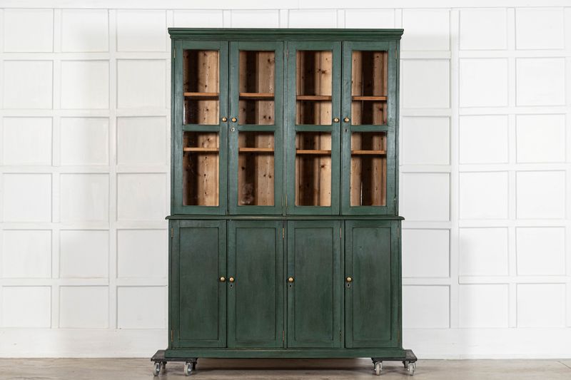 Large 19thC English Painted Pine Glazed Housekeepers Cabinet
