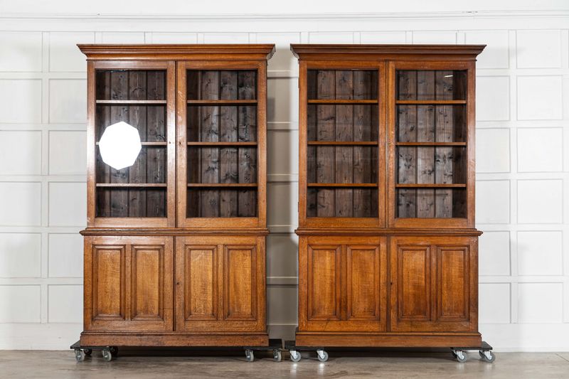 Large 19thC English Oak Glazed Bookcase Cabinet