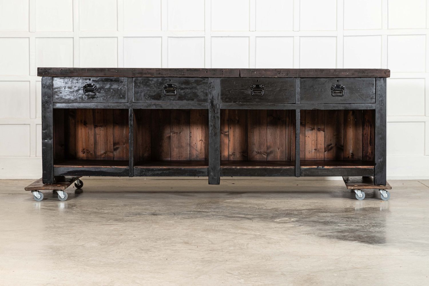Monumental English Ebonised Pine Work Table / Island Monumental English Ebonised Pine Work Table / Island