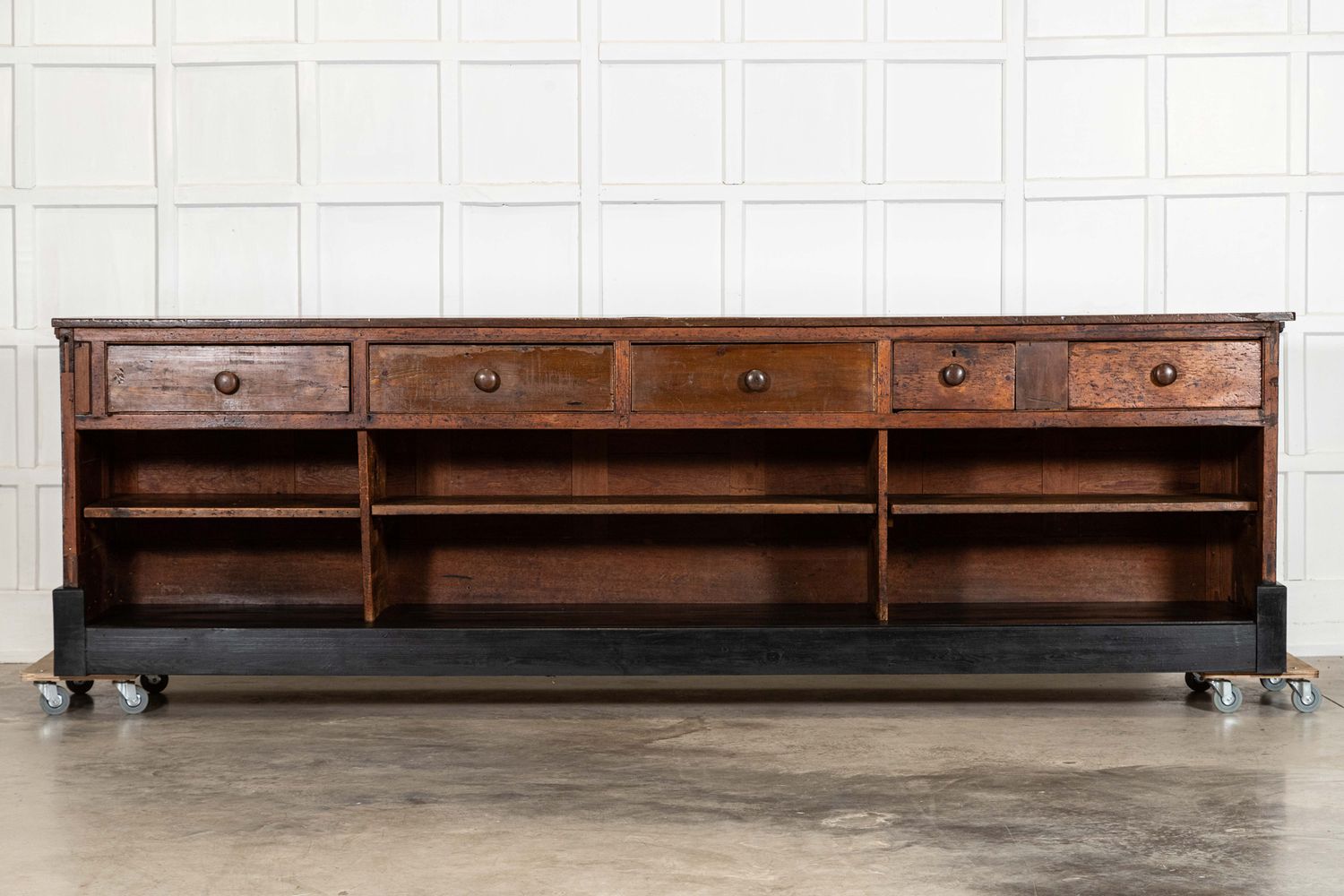 Monumental 19thC English Walnut Top Ebonised Pine Haberdashery Shop Counter Monumental 19thC English Walnut Top Ebonised Pine Haberdashery Shop Counter