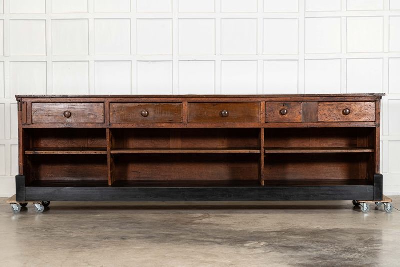 Monumental 19thC English Walnut Top Ebonised Pine Haberdashery Shop Counter Monumental 19thC English Walnut Top Ebonised Pine Haberdashery Shop Counter