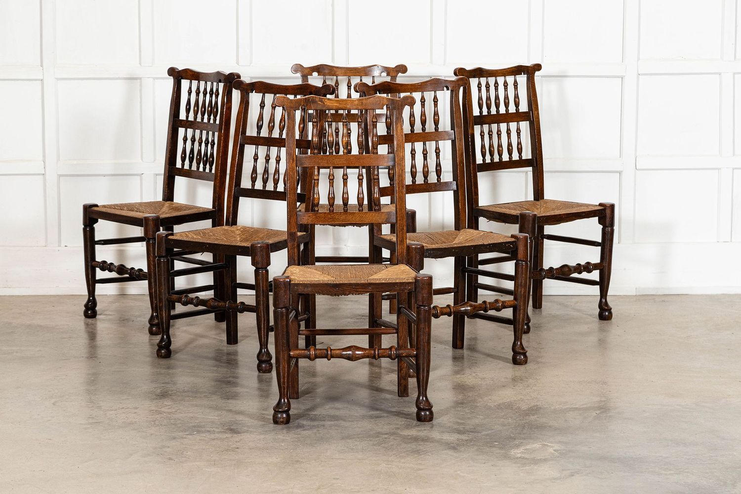 19thC English Oak Harlequin Set of 6 Oak & Rush Farmhouse Spindle Back Dining Chairs 19thC English Oak Harlequin Set of 6 Oak & Rush Farmhouse Spindle Back Dining Chairs