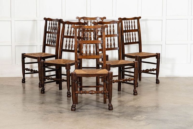 19thC English Oak Harlequin Set of 6 Oak & Rush Farmhouse Spindle Back Dining Chairs 19thC English Oak Harlequin Set of 6 Oak & Rush Farmhouse Spindle Back Dining Chairs