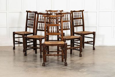 19thC English Oak Harlequin Set of 6 Oak & Rush Farmhouse Spindle Back Dining Chairs 19thC English Oak Harlequin Set of 6 Oak & Rush Farmhouse Spindle Back Dining Chairs