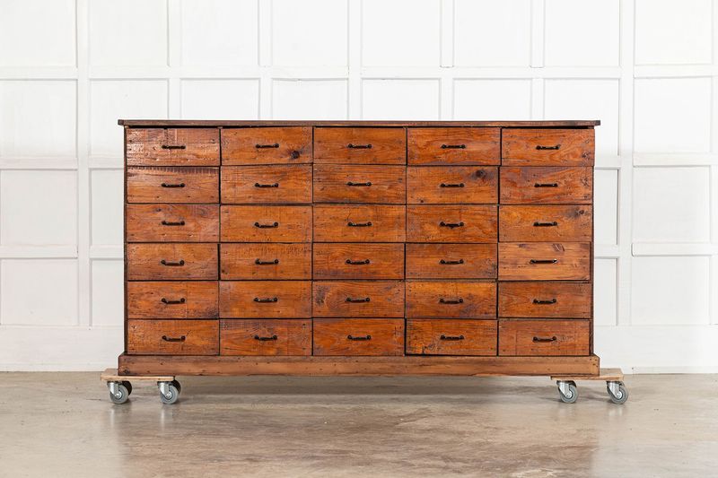 Large French Fruitwood Workshop Bank Pine Drawers 
 Large French Fruitwood Workshop Bank Pine Drawers 
