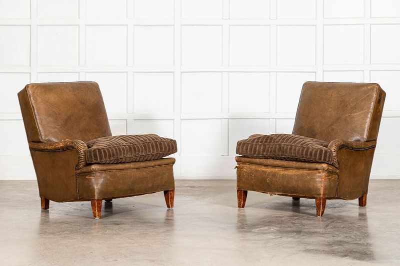 Pair English Early 20thC Sprung Leather Armchairs Pair English Early 20thC Sprung Leather Armchairs