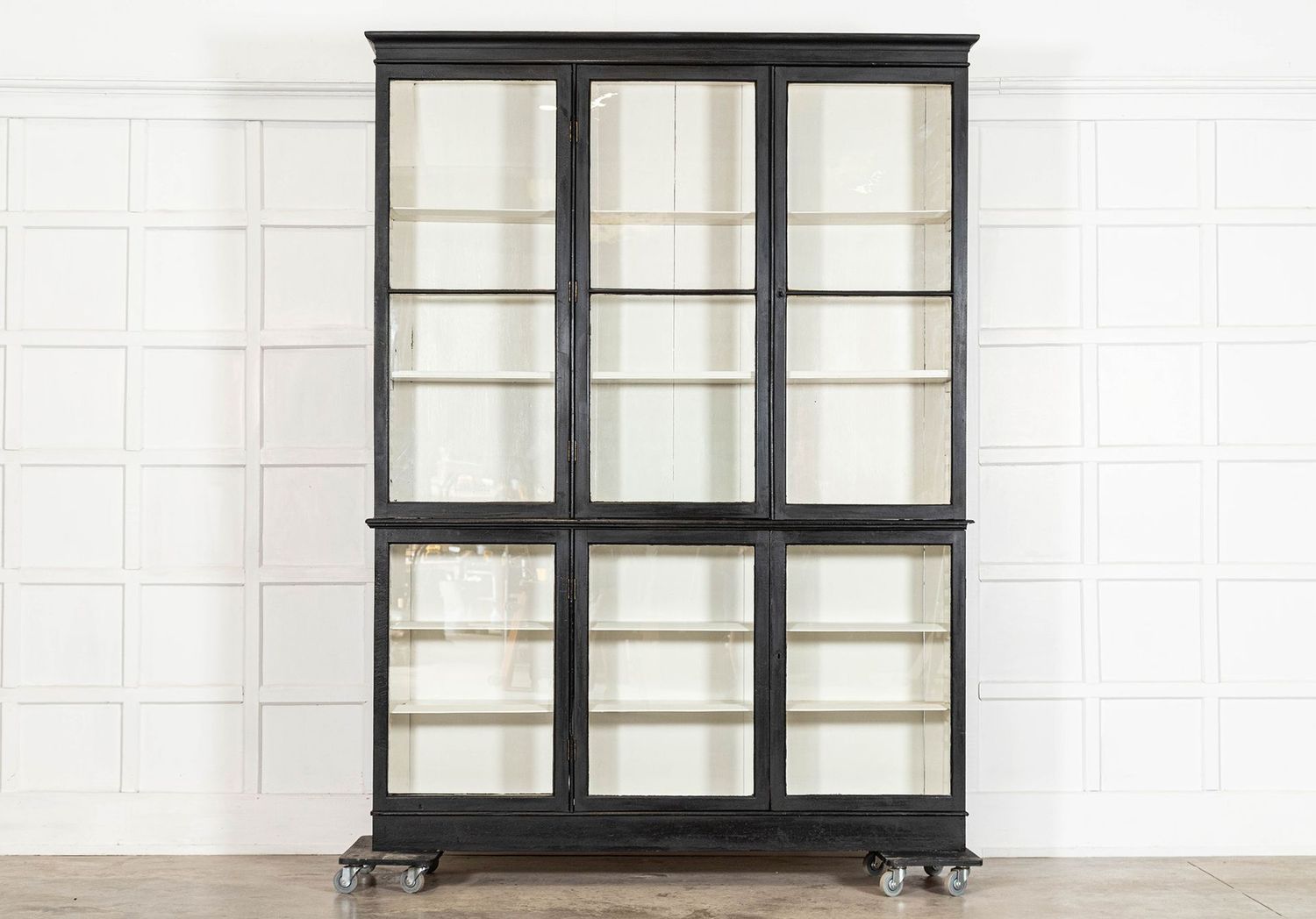 Large 19thC English Ebonised Pine Glazed Display Cabinet Large 19thC English Ebonised Pine Glazed Display Cabinet