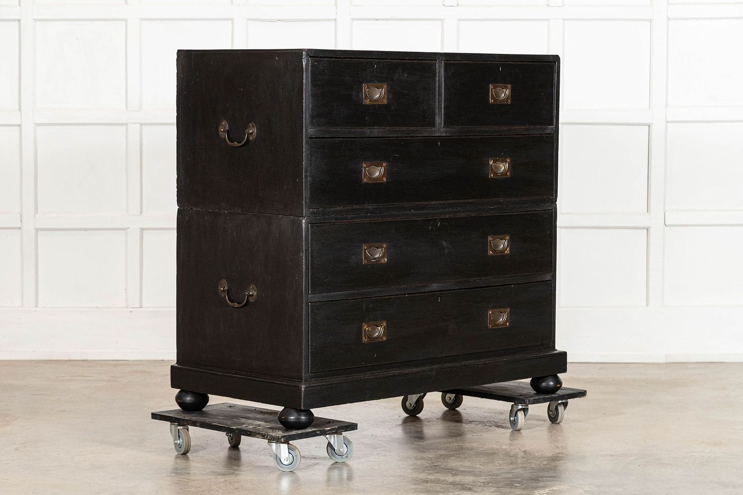 Large 19thC English Ebonised Teak Campaign Chest Drawers Large 19thC English Ebonised Teak Campaign Chest Drawers