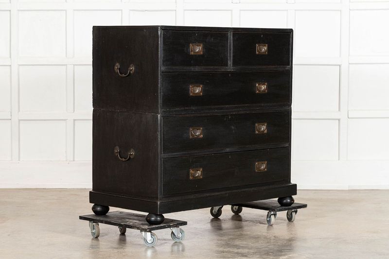 Large 19thC English Ebonised Teak Campaign Chest Drawers Large 19thC English Ebonised Teak Campaign Chest Drawers