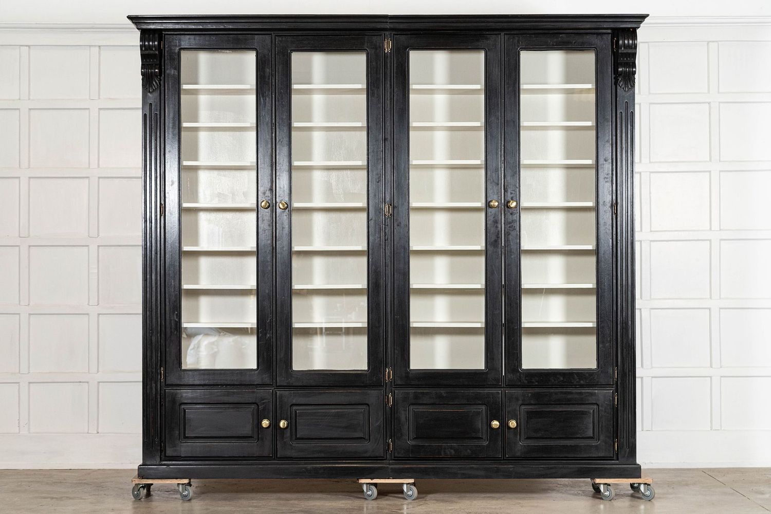 Monumental English Ebonised Mahogany Glazed Bookcase Monumental English Ebonised Mahogany Glazed Bookcase