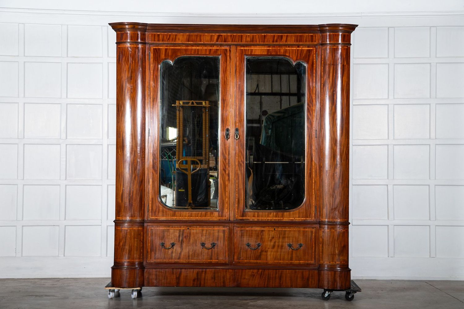 Large English 19thC Mahogany Inverted Breakfront Mirrored Wardrobe